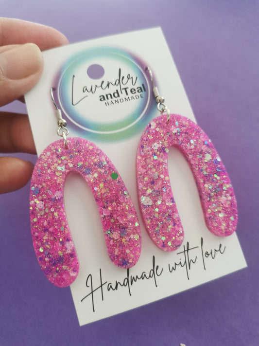 Pink Glittery Resin Arch Earrings