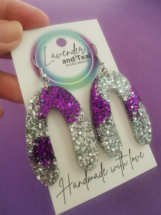 Purple & Silver Glittery Resin Arch Earrings