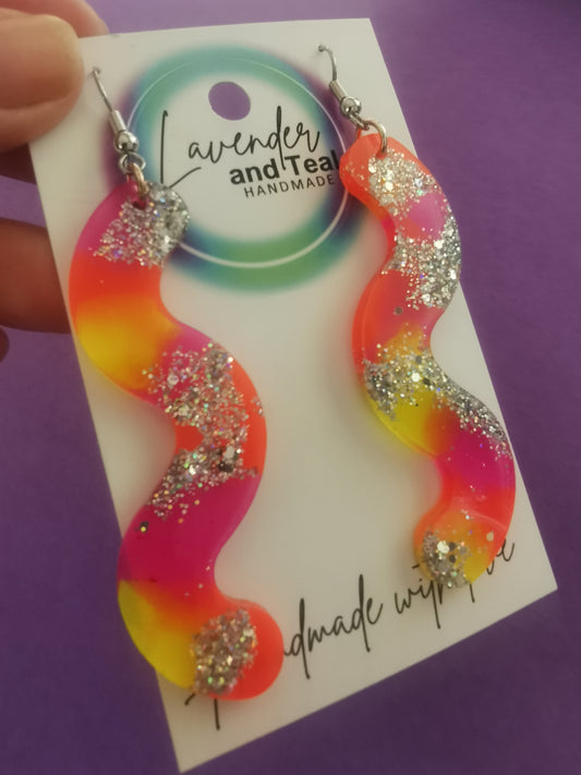 Pink Orange Yellow & Silver Glitter Resin Wiggles Earrings