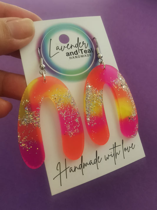 Pink Orange Yellow & Silver Glittery Resin Arch Earrings