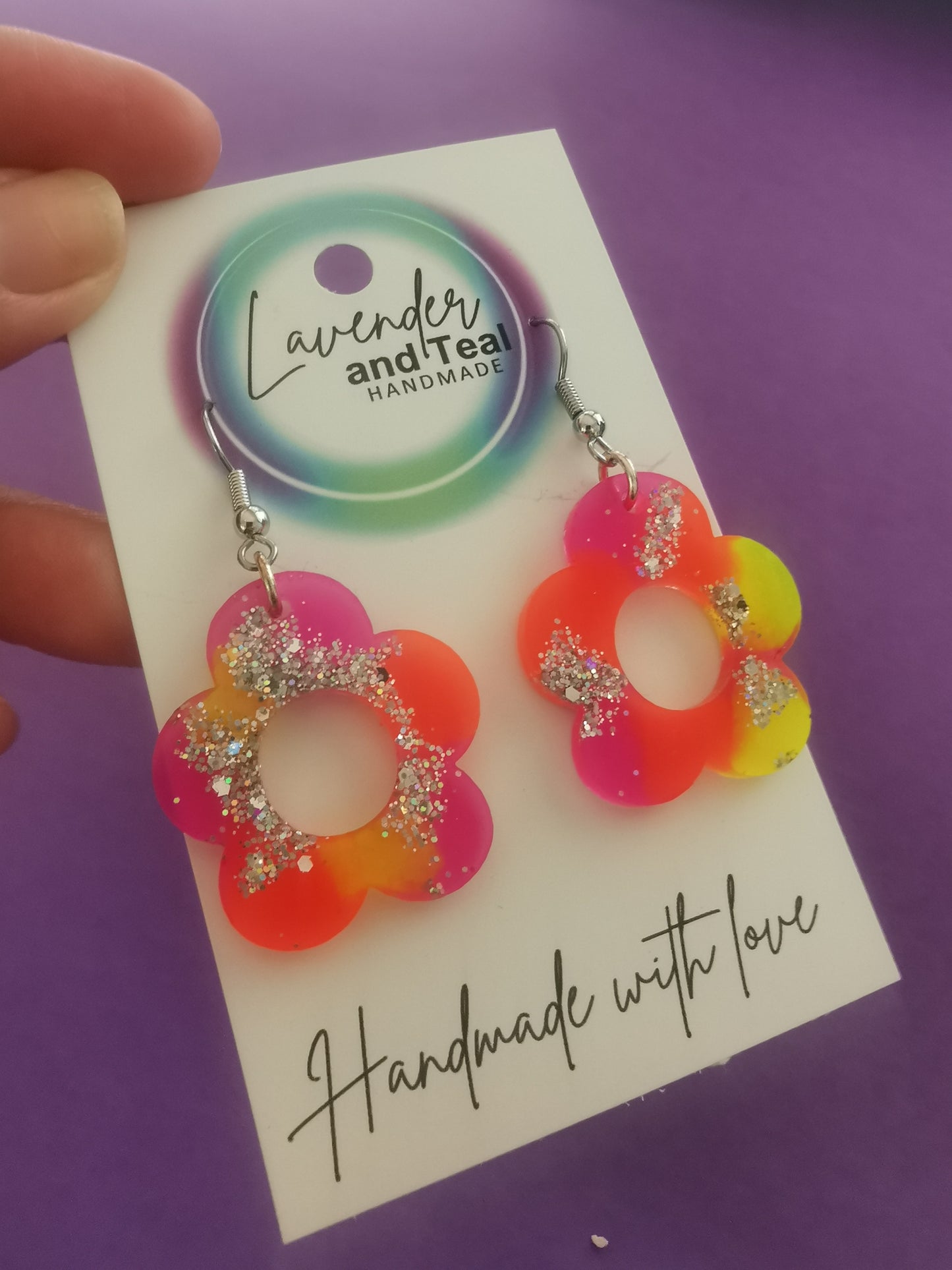 Pink Orange Yellow & Silver Glitter Resin Flower Earrings