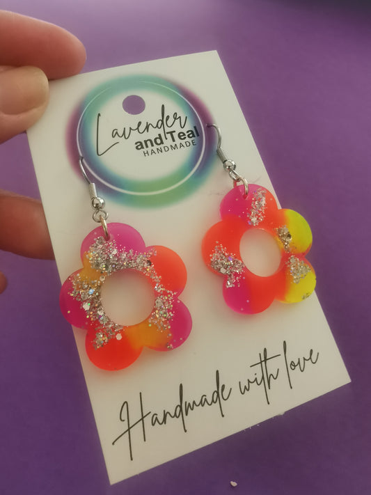 Pink Orange Yellow & Silver Glitter Resin Flower Earrings