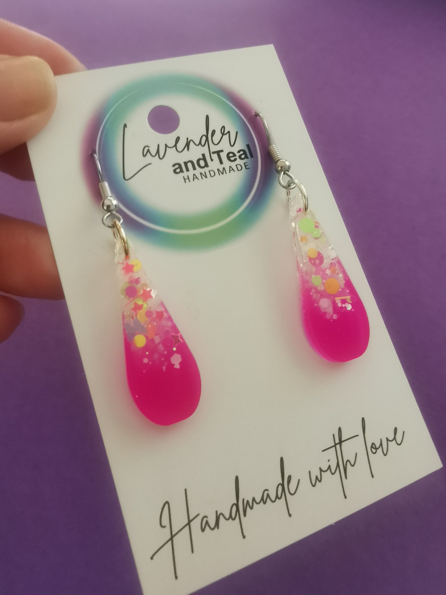 Pink & Glitter Resin Tear Drop Earrings