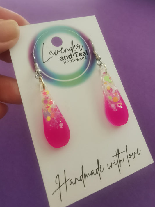 Pink & Glitter Resin Tear Drop Earrings