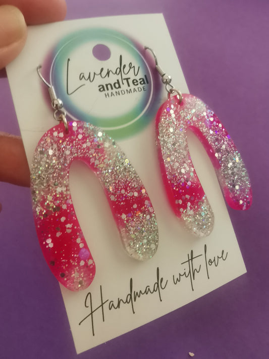 Pink & Silver Glittery Resin Arch Earrings