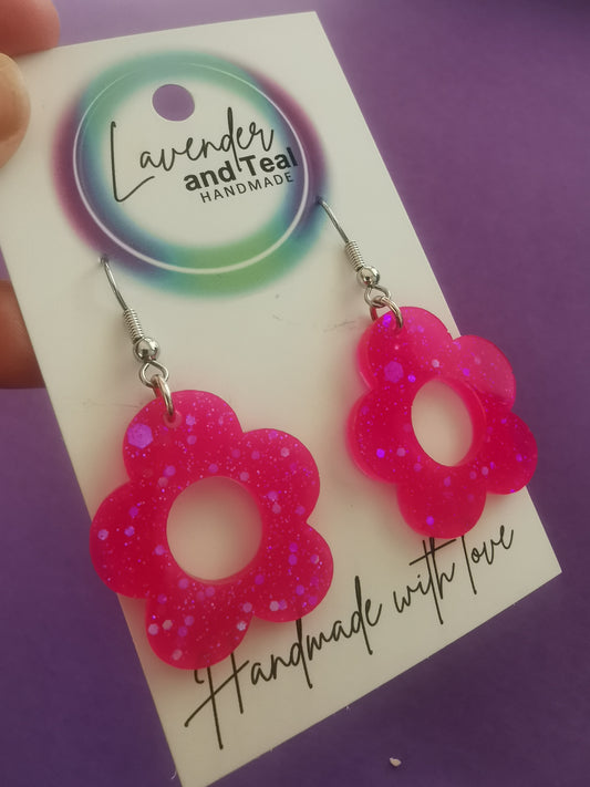 Hot Pink Glitter Resin Flower Earrings