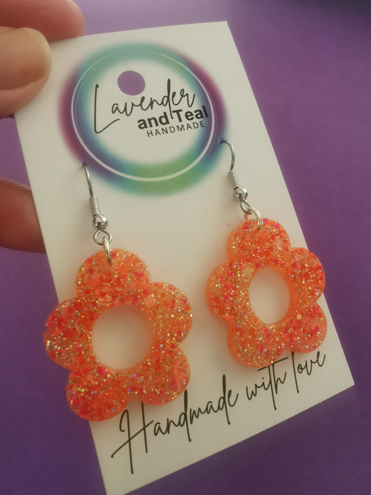 Orange Glitter Resin Flower Earrings