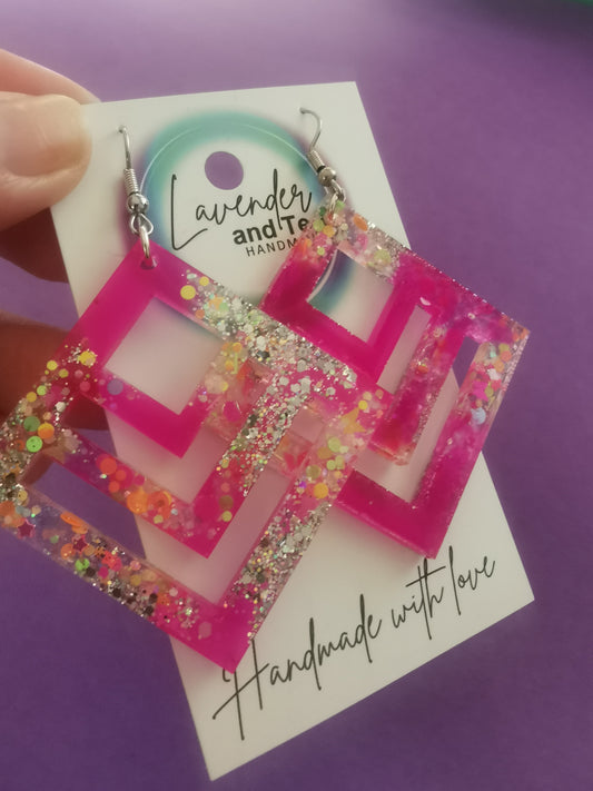 Pink & Glitter Resin Square Shape Earrings